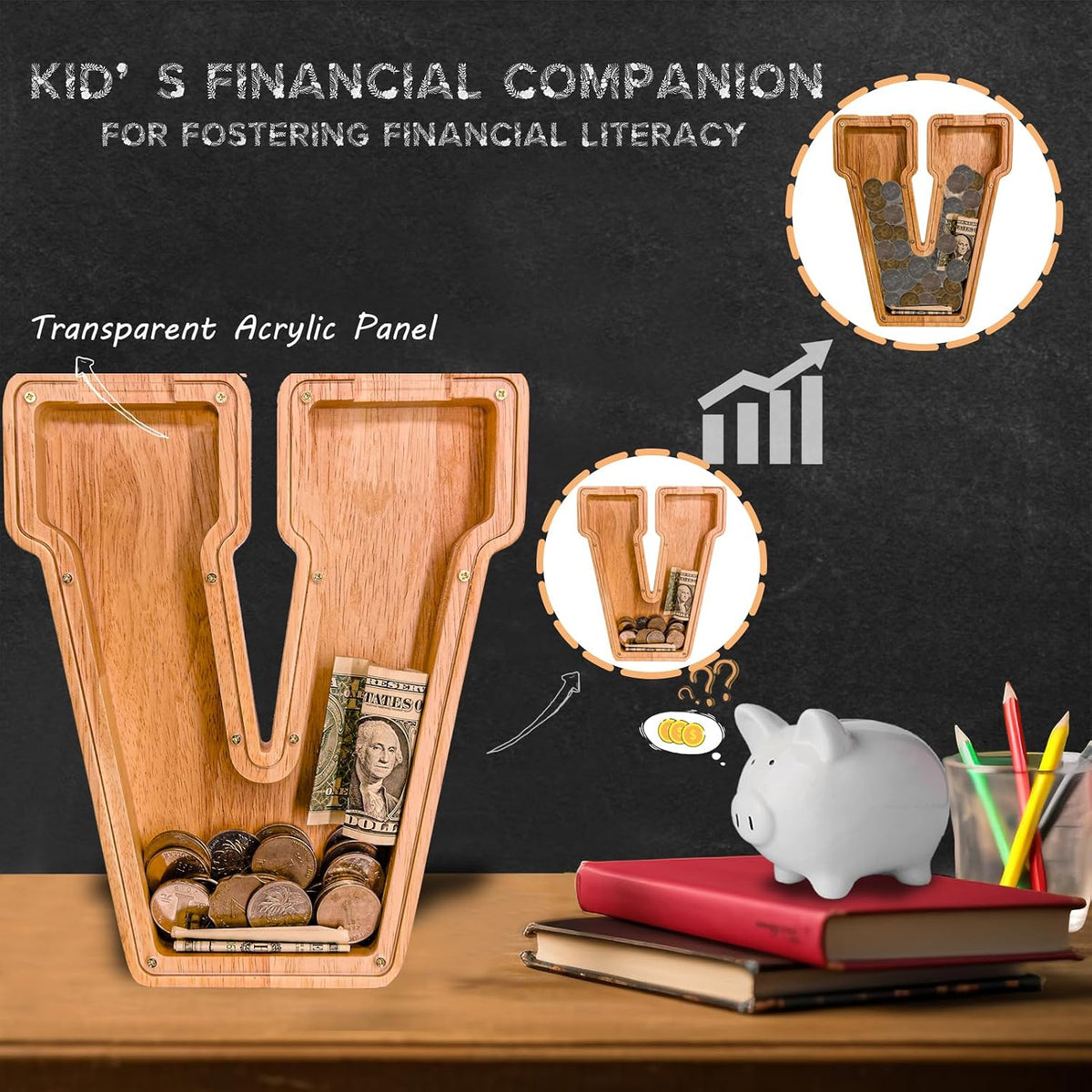 JOOMLAFLY Wooden Letter Piggy Bank for Kids 9"Clear Coin Bank - V / Initial-9" - image 3