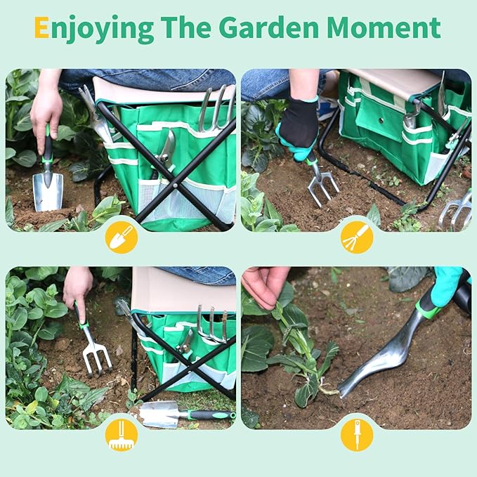 Kitness 9 PCS All-in-one Garden Tools Set Heavy Duty Cast-Aluminium Alloy Gardening Tools Kit with Folding Stool Seat&Detachable Canvas Tool Bag Great Gifts for Gardening