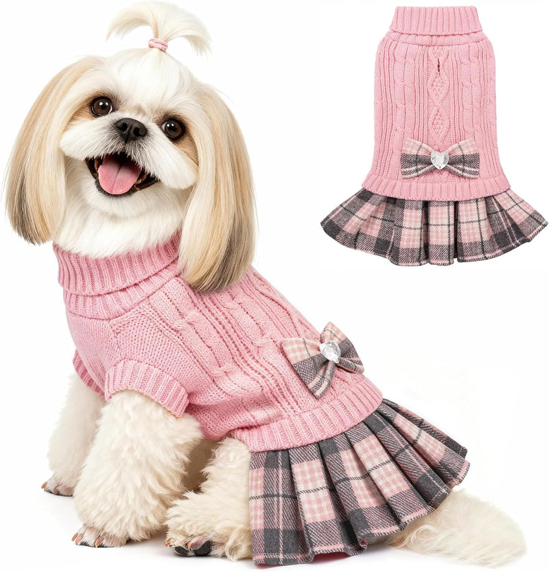 Small Dog Sweater Dress with Bowtie Turtleneck - Large (14-21lbs) / Pink