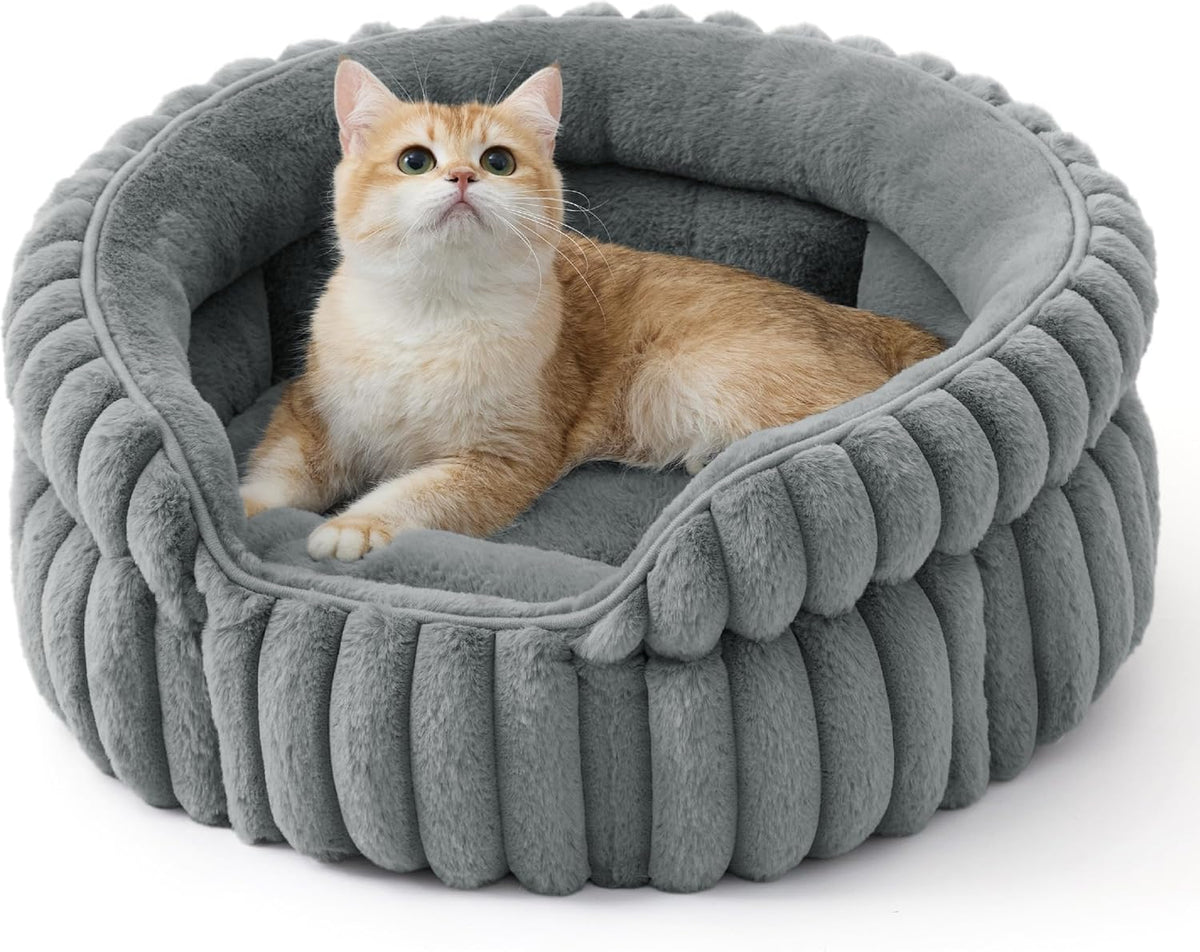 Bedsure ComfyFleece Washable Cute Cat Bed, Soft Round Kitten Bed - 20''x20''x8'' / Warm Gray