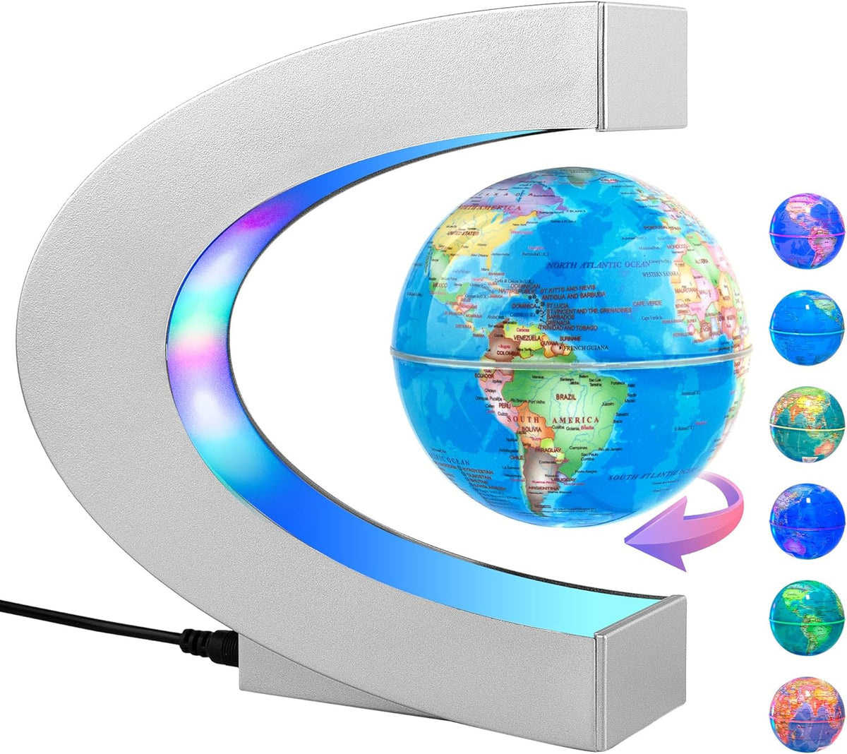 Magnetic Levitating Globe with LED Light - Silver