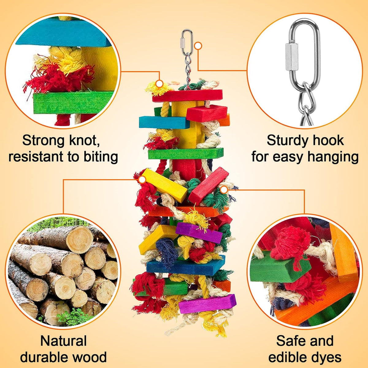 Extra Large Natural Wood Bird Toys for Macaws, African Grey - Long - image 3