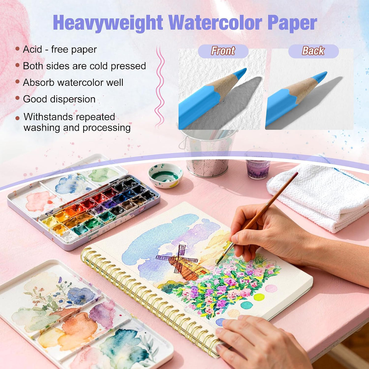 Watercolor Paper Pad, 5.5"x8.5”, Spiral, Bound with Tear - Rose Pink / 5.5" x 8.5" Spiral Bound - image 4