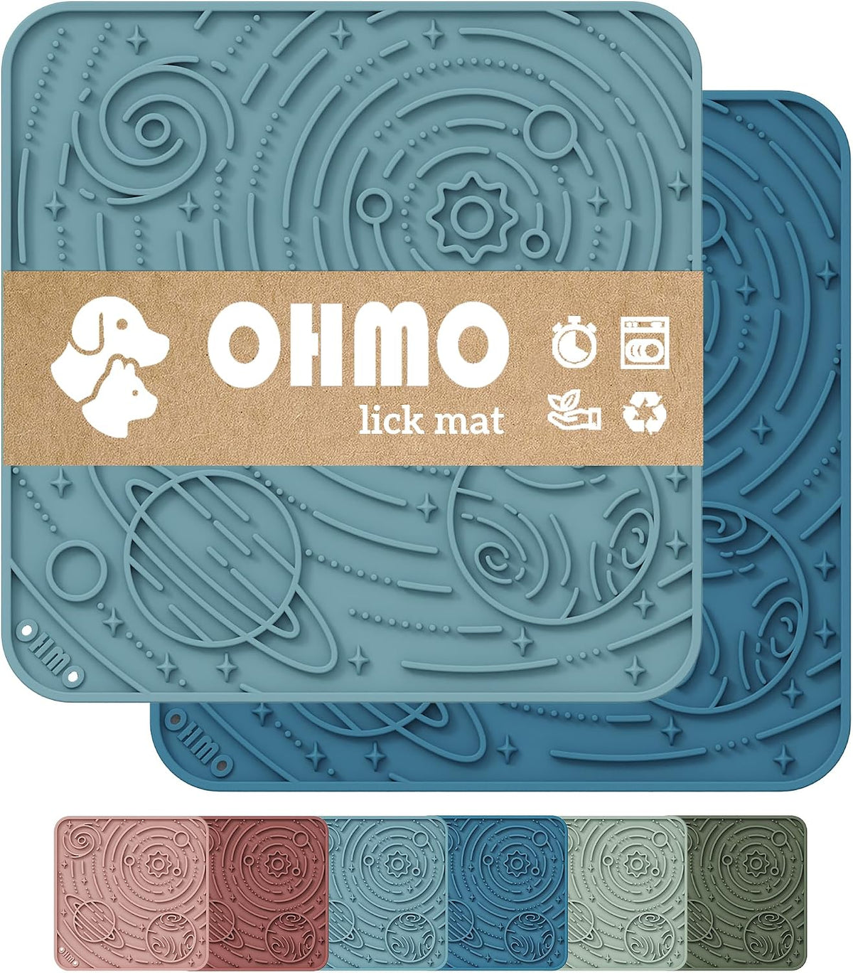 OHMO Lick Mat for Dogs&Cats, Space Pattern, Camo&Sage Green - Dark Blue&Light Blue / 7.9"L x 7.9"W