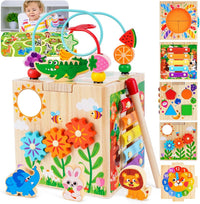 KMTJT 7-in-1 wooden activity cube with bead maze, learning clock and shape sorter