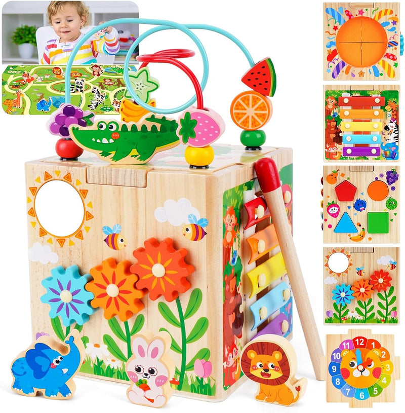 KMTJT 7-in-1 wooden activity cube with bead maze, learning clock and shape sorter