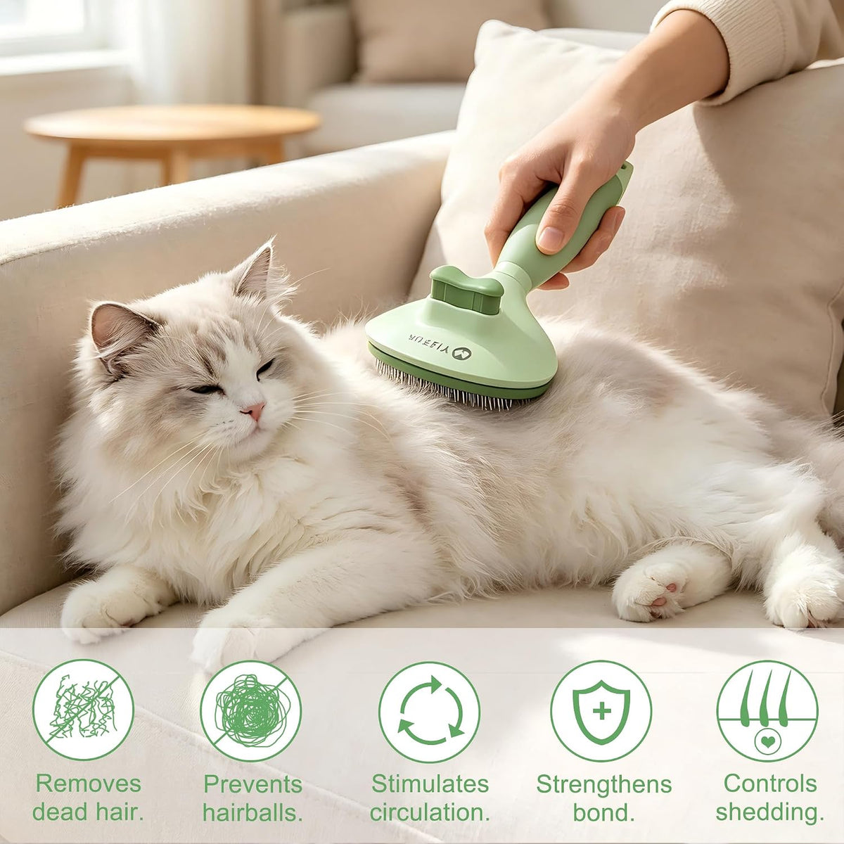 Cat Brush for Shedding, Self Cleaning Brush for Long & Short Hair Cats – Essentials for Cats - Green - image 2