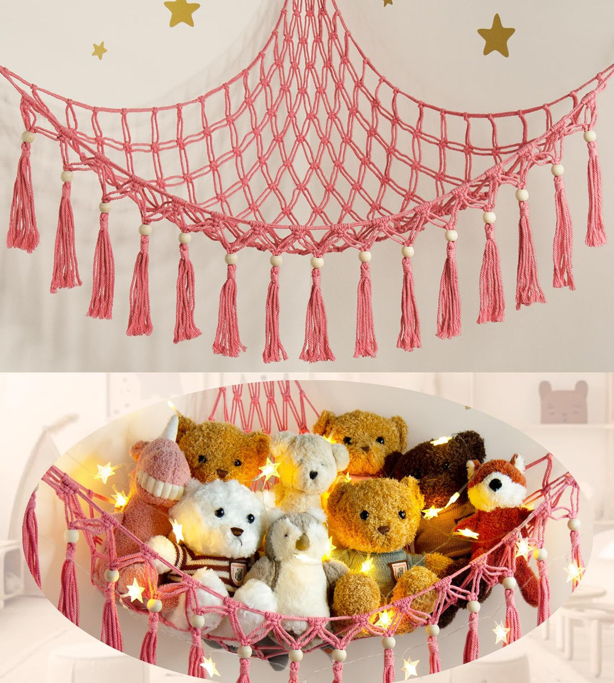 Stuffed Animal Toy Storage Hammock with LED Light - Coral Pink / L (39.5"*39.5"*48")