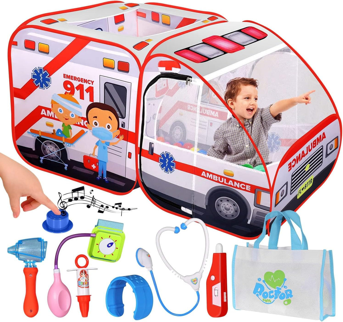 Kiddzery ambulance pop-up play tent for kids with doctor kit and mesh windows
