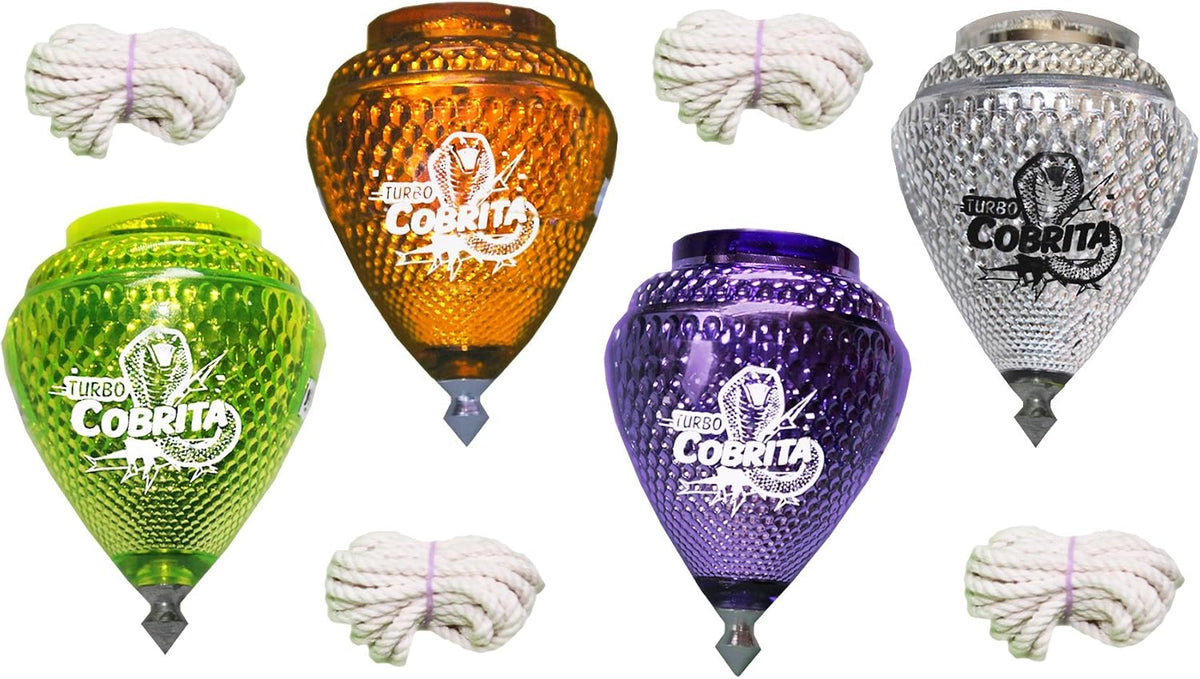 4 Pack Mini Cobra Durable Plastic Spin Tops & Metal Tip Made in Mexico