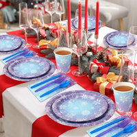 Zachely blue and purple snowflake paper plates, cups, napkins and cutlery set - view 6