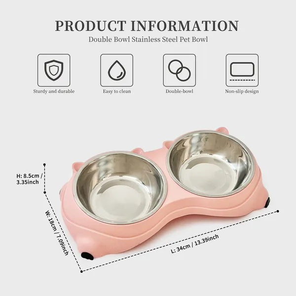Anti Slip Base Double Cat Food Bowl, Pink Stainless Steel Food And Water Bowl, Easy To Clean And Detachable Design, Cat 