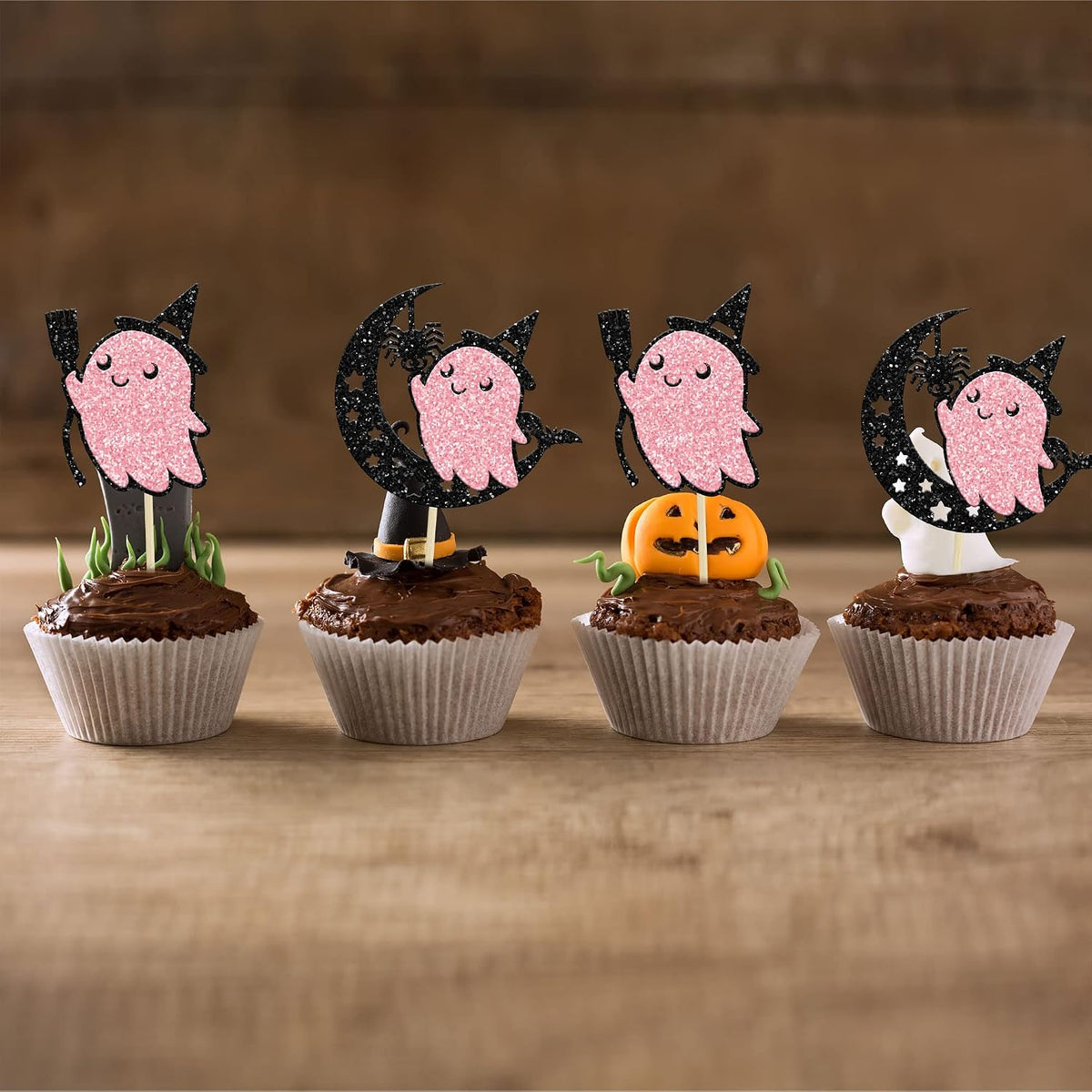 Ephlyn 24 white glitter ghost cupcake toppers for Halloween desserts - view 31