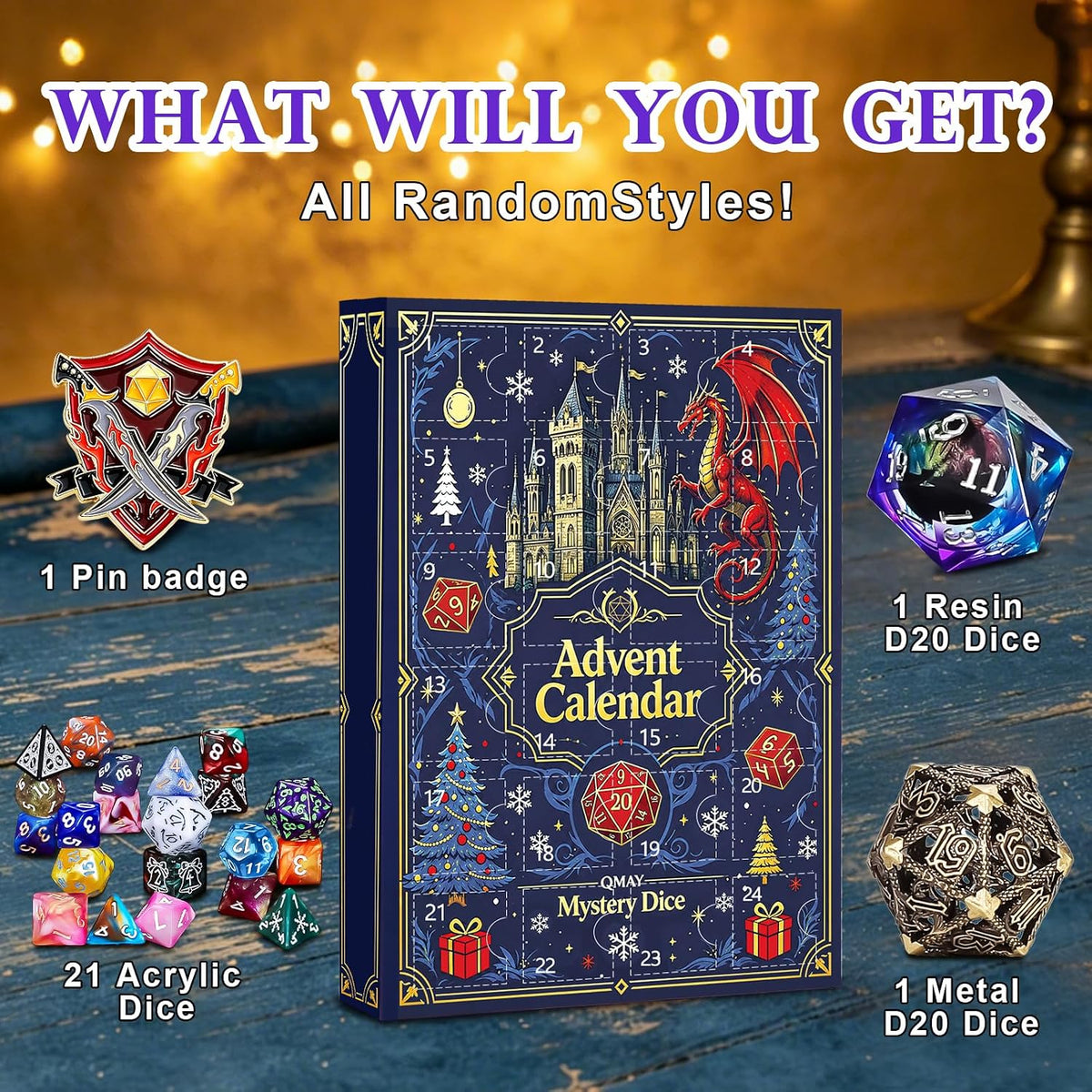 QMAY Mystery Dice Set – 7 Pcs Acrylic Polyhedral Dice + 1 Pcs Velvet Bag – Fun for Kids & Family - 24 Grids Mystery Dice Gift Box - image 2