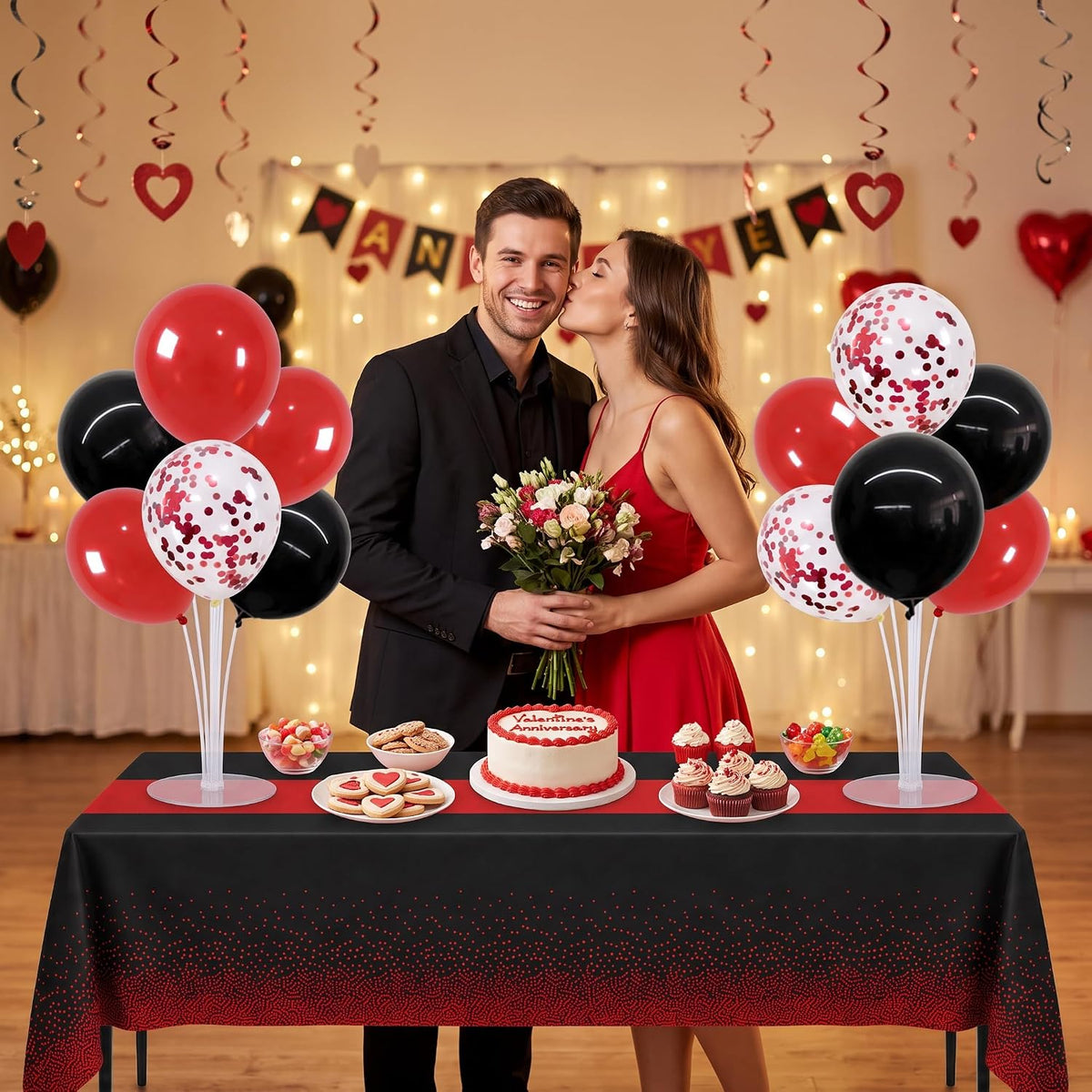 TONIFUL 4 Set Black Gold Balloon Stand Balloon Centerpieces for Table – Fun for Kids & Family - Black Red Red Tablecloth / 4 Set Balloon Stand-Tablecloth - image 4