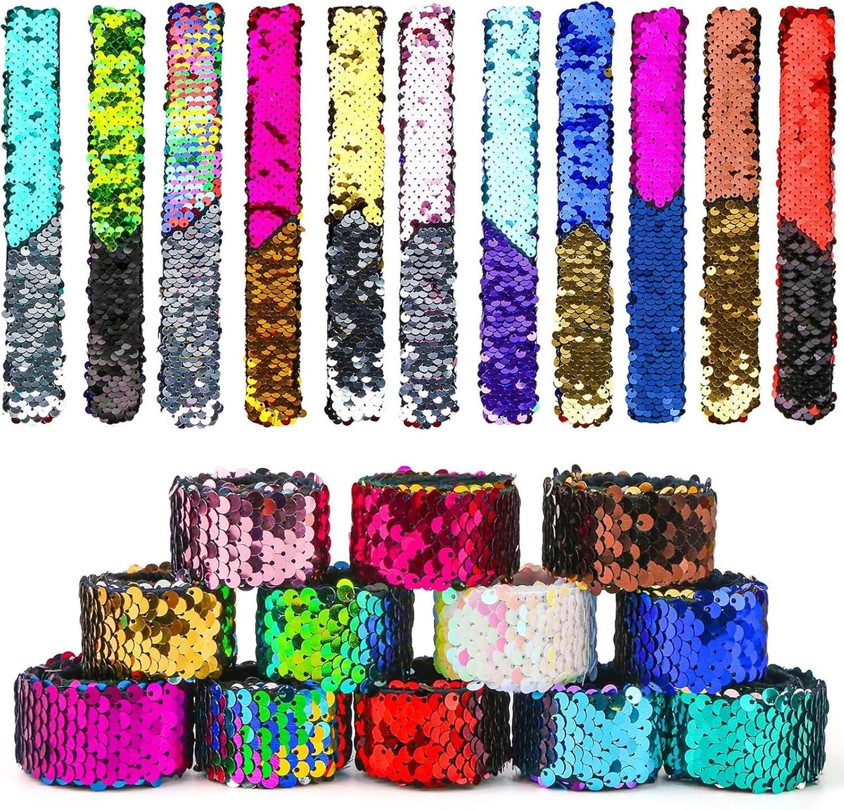 VGOODALL sequin slap bracelets for kids, 24 colorful reversible mermaid sequin bands