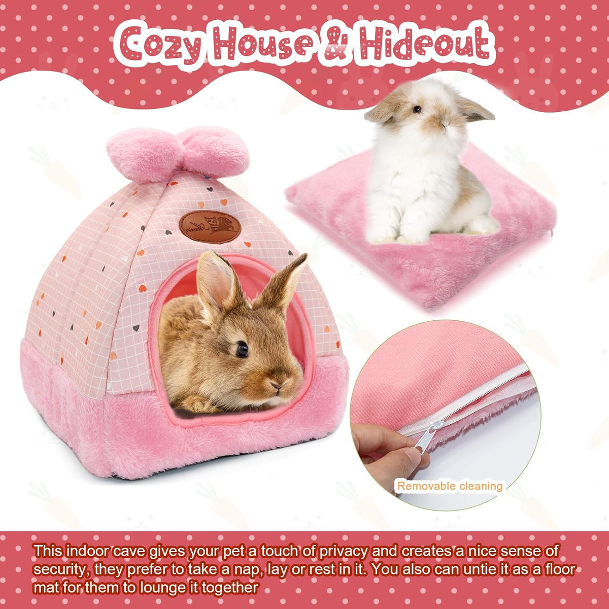YUEPET Bunny Hideout House, Rabbit Bed - Pink Grid - image 4