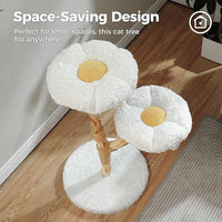 Wood Flower Cat Tree, Modern Cat Tower with Real Wood Branches, Luxury Boho Furniture with Scratching Post and 2 Perches, Cat Climbing Tower for Indoor Cats, Cloud White