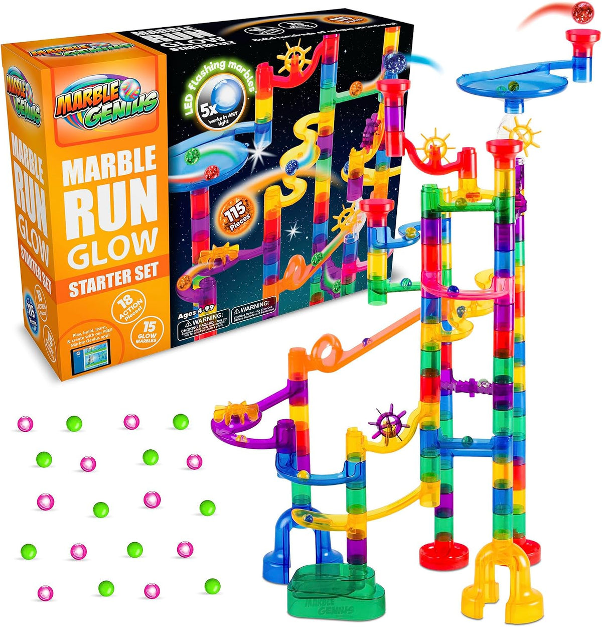 Marble Genius 300 pcs Glow Marble Race Track & STEM Toy for Kids Ages - Starter Set - 115 pcs