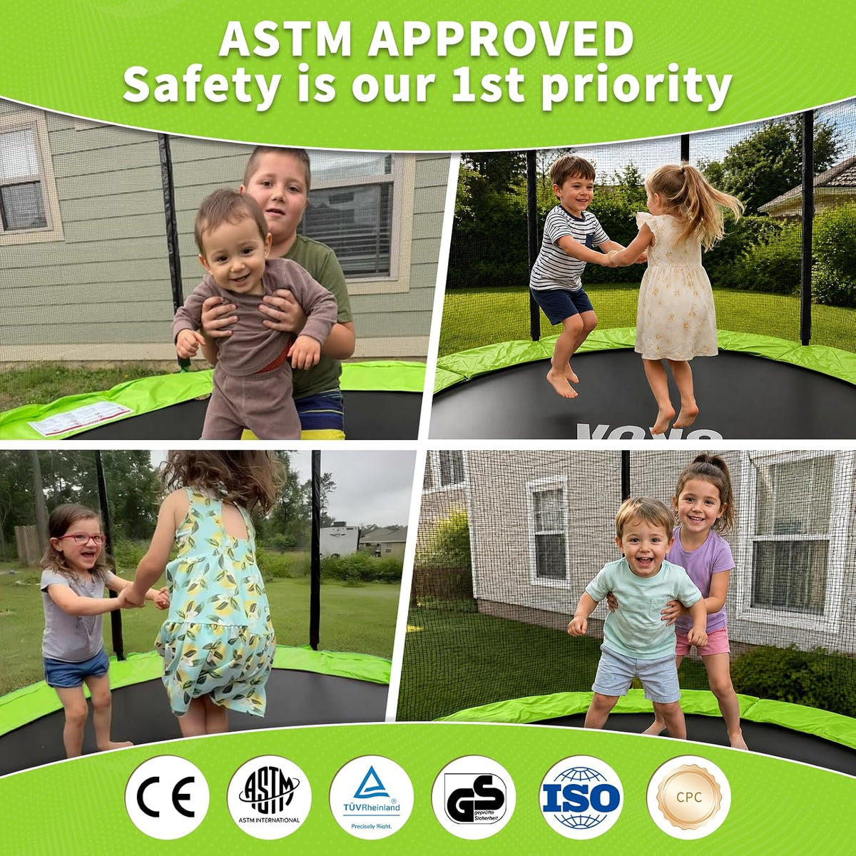 SKOK Trampoline for Kids,400LBS Outdoor Trampoline with Net-ASTM Approved Trampoline for Children - Bright Apple Green / 8FT - image 3
