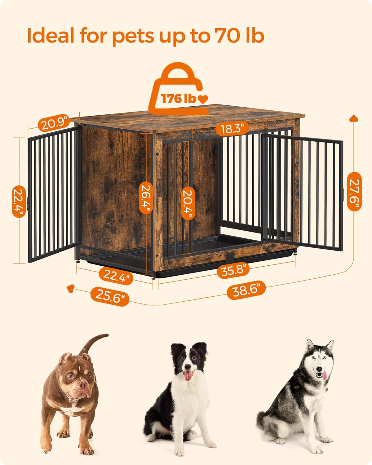 Feandrea 38" Dog Crate Furniture - Rustic Brown / 38.6"L x 25.6"W x 27.6"H - image 4