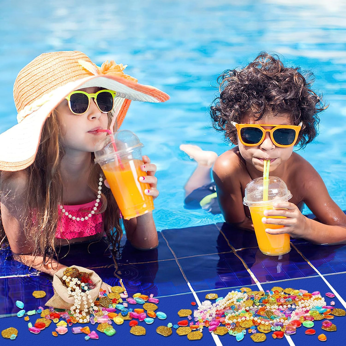 MARFOREVER pirate treasure pool toys with colorful gems, gold coins, pearl necklaces and drawstring  - view 6