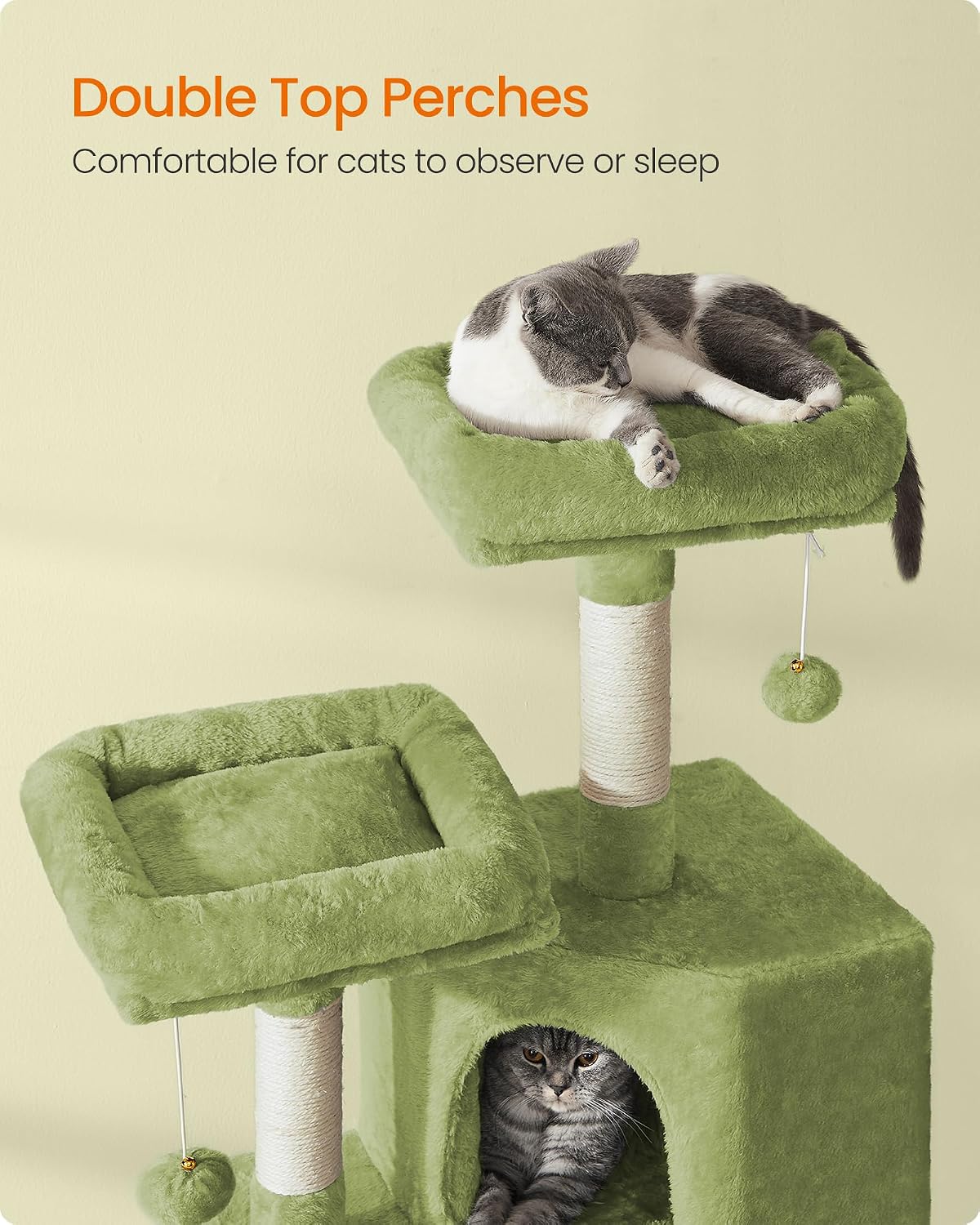 Feandrea Cat Tree, Plush Climbing Condo, Green - Grass Green - image 3