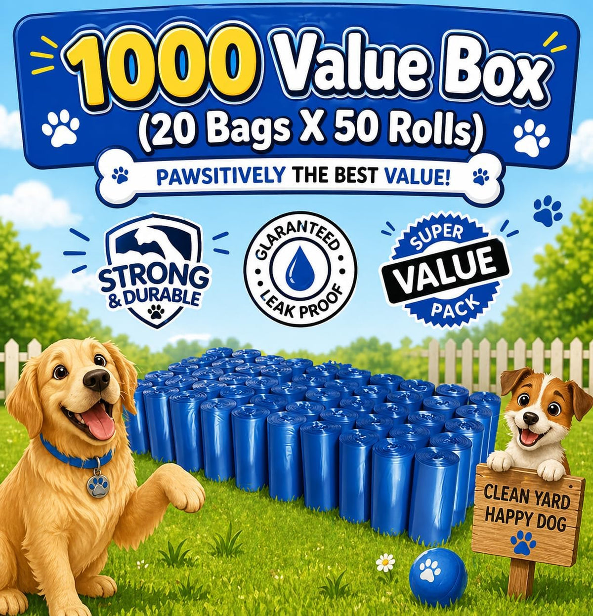 Pet Waste Disposal Bags 1000 Dog Poop EZ Pick Up Bag Blue – Essentials for Dogs