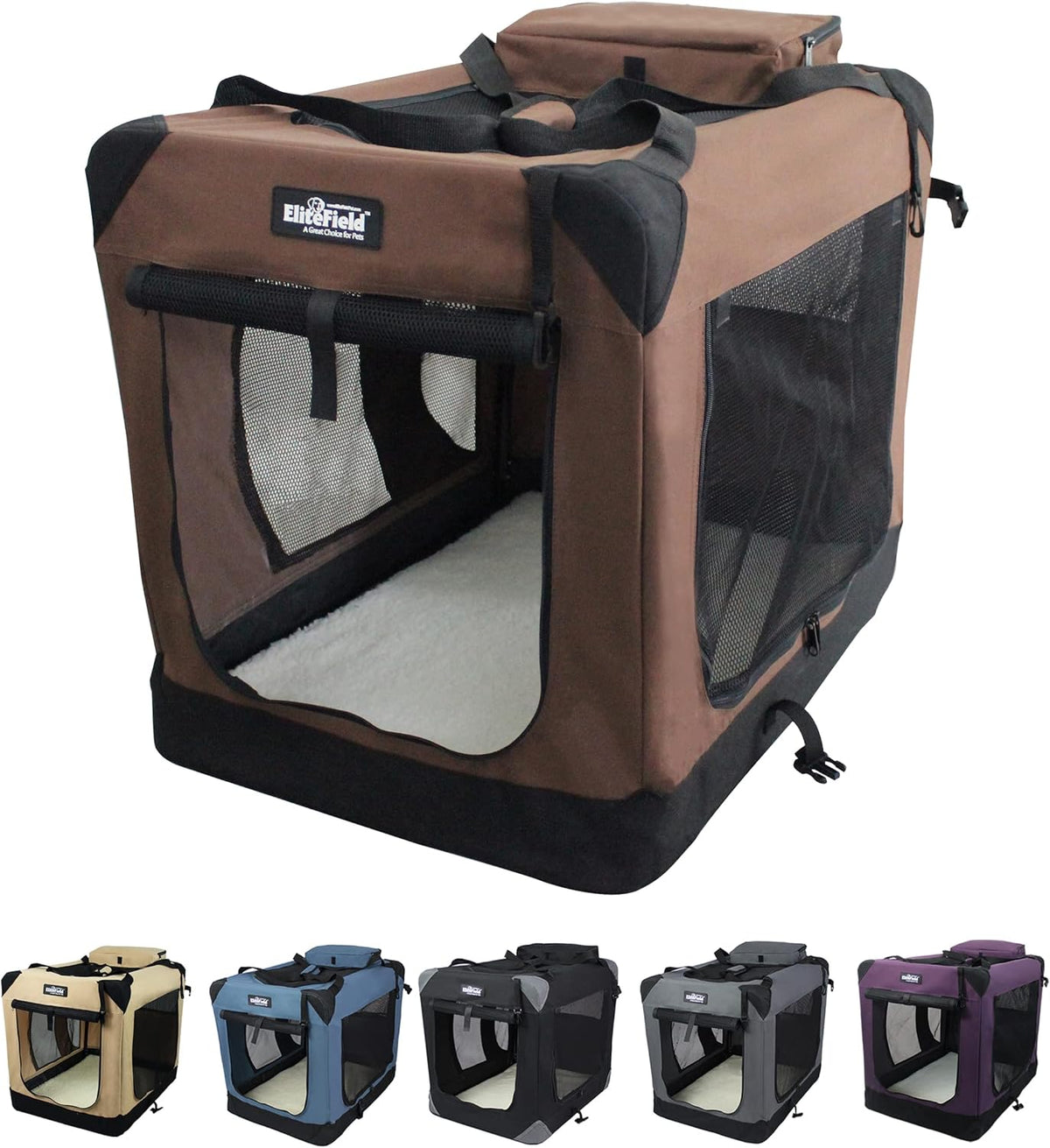 EliteField 3-Door Soft Dog Crate with Bed & Carrying Bag – Essentials for Dogs - Brown / 36.0"L x 24.0"W x 28.0"H