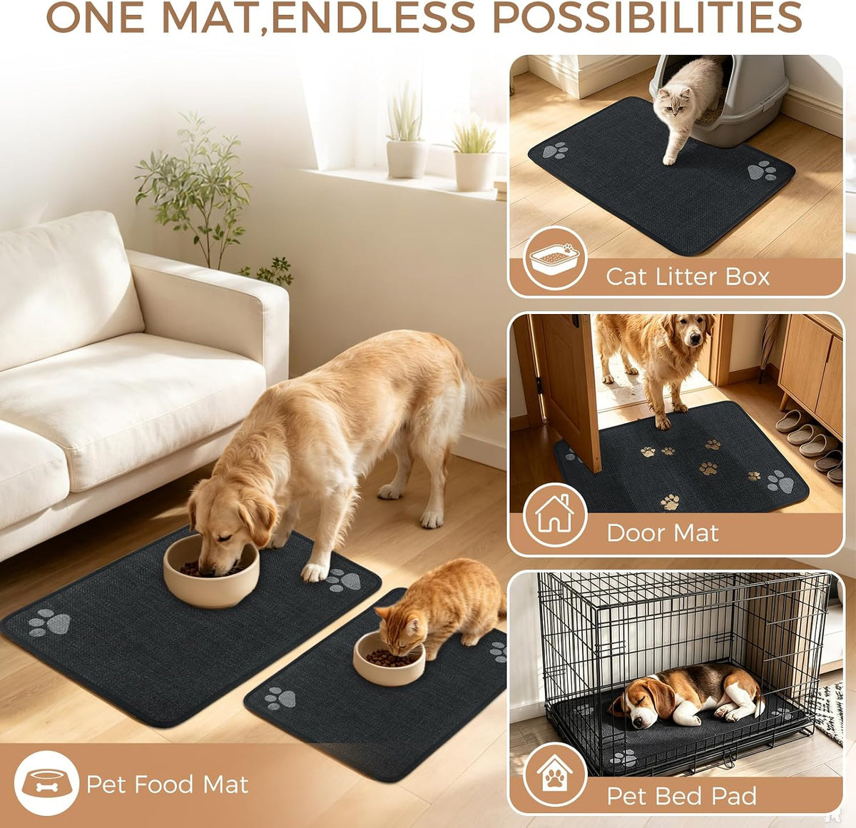 Dog Food Bowl Mat Pet Feeding Mat for Food Water 14.2x24In Grey – Essentials for Dogs - Black Rectangle / 31"L x 20"W - image 4