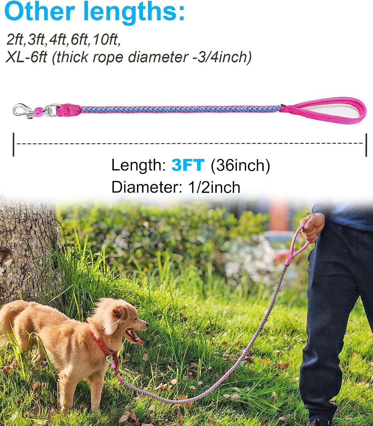 Reflective Dog Leash 2/3/4/6/10ft Braided 1/2" Strong Nylon Rope – Essentials for Dogs - 3ft * 1/2" / Pink - image 4