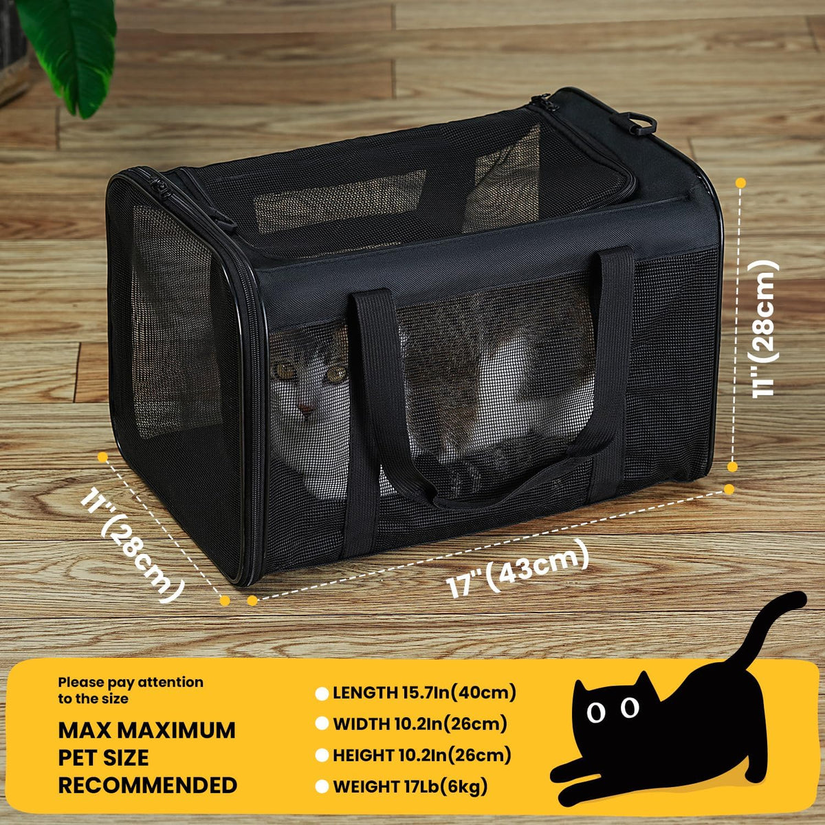 Conlun Cat Carrier Bag, Soft-Sided Pet Carriers for Dogs, M - 17.0"L x 11.0"W x 11.0"H / Black - image 2
