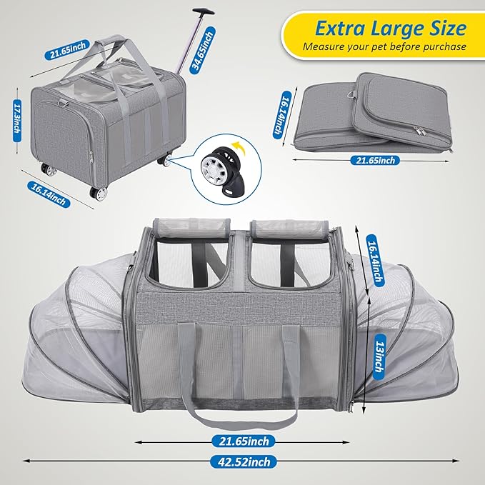 Expandable Pet Carrier with Wheels, Double Cat Dog Carrier 21"x 17"x 16" up to 40 Lbs, Rolling Pet Carrier for Cats and Dogs, Extra Large Pet Travel Carrier, Ideal for Outdoor/Travel