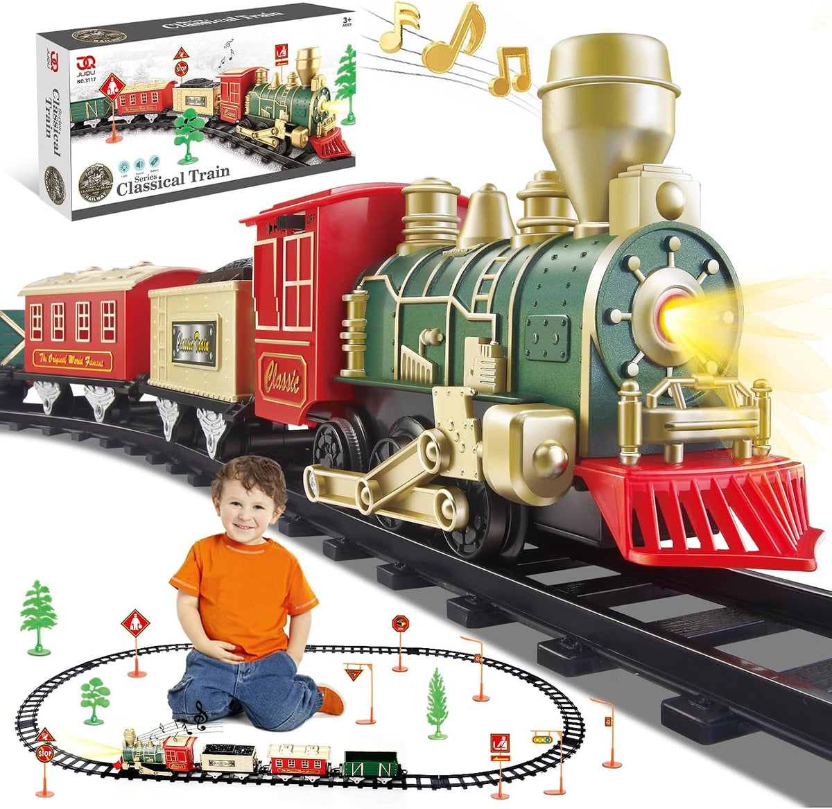 JUQU Train Set, Battery Operated Model Train Toy with Light - Green Gold Red