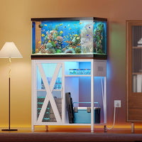 YITAHOME Fish Tank Stand with Power Outlets & LED Light, 20-29 Gallon Metal Aquarium Stand with Cabinet for Fish Tank Accessories Storage for Turtle, Reptile Terrarium, 350LBS Capacity, White