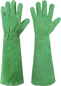 HANDLANDY Leather Gardening Gloves, Thorn Proof Long Gauntlet Heavy Duty Garden Gloves, Elbow Length Rose Pruning Weeding Yard Glove (Medium, Green)
