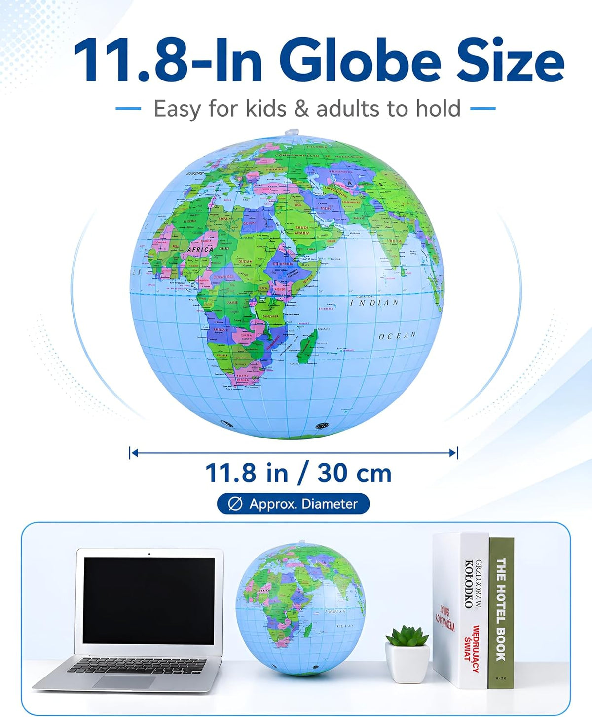 NUOBESTY inflatable globe beach ball, 11.8 inch PVC world map ball showing continents and oceans - view 2