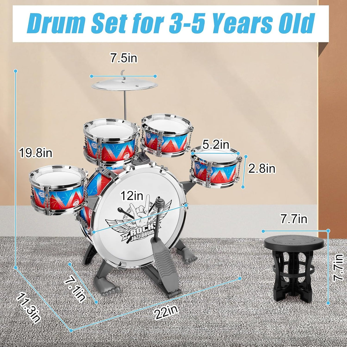 Kids Jazz Drum Set Toys for 3-7 Year Olds - Red-blue - image 4