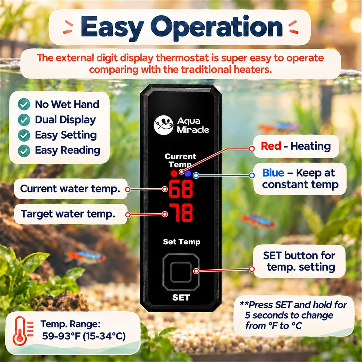 AquaMiracle 100W Dual LED Display Small Aquarium Heater for 10-20 Gal - 10-20 Gal Tanks - image 4