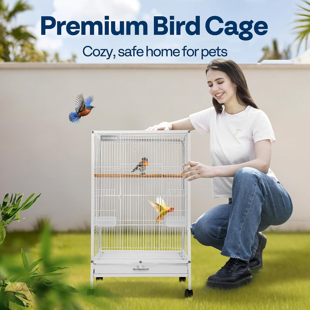 VIVOHOME Wrought Iron Bird Cage with Rolling Stand - White - image 2