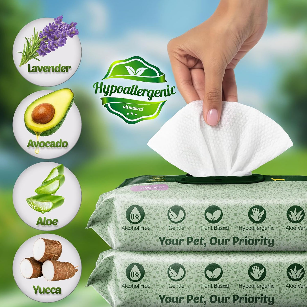 Pet Wipes for Dogs & Cats, Paws, Ears & Butt Cleaning - Lavender / 200 - image 2