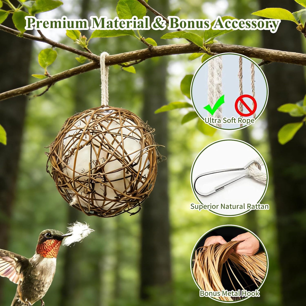GUTE Globe Hummingbird Nesters 2Pcs Natural Material Refillable Ball – Essentials for Birds - Light Yellow&White / 2Pack - image 2
