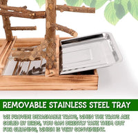 Bird Playground - Natural Wood Bird Perch Stand with Removable Tray and 2 Stainless Steel Cups