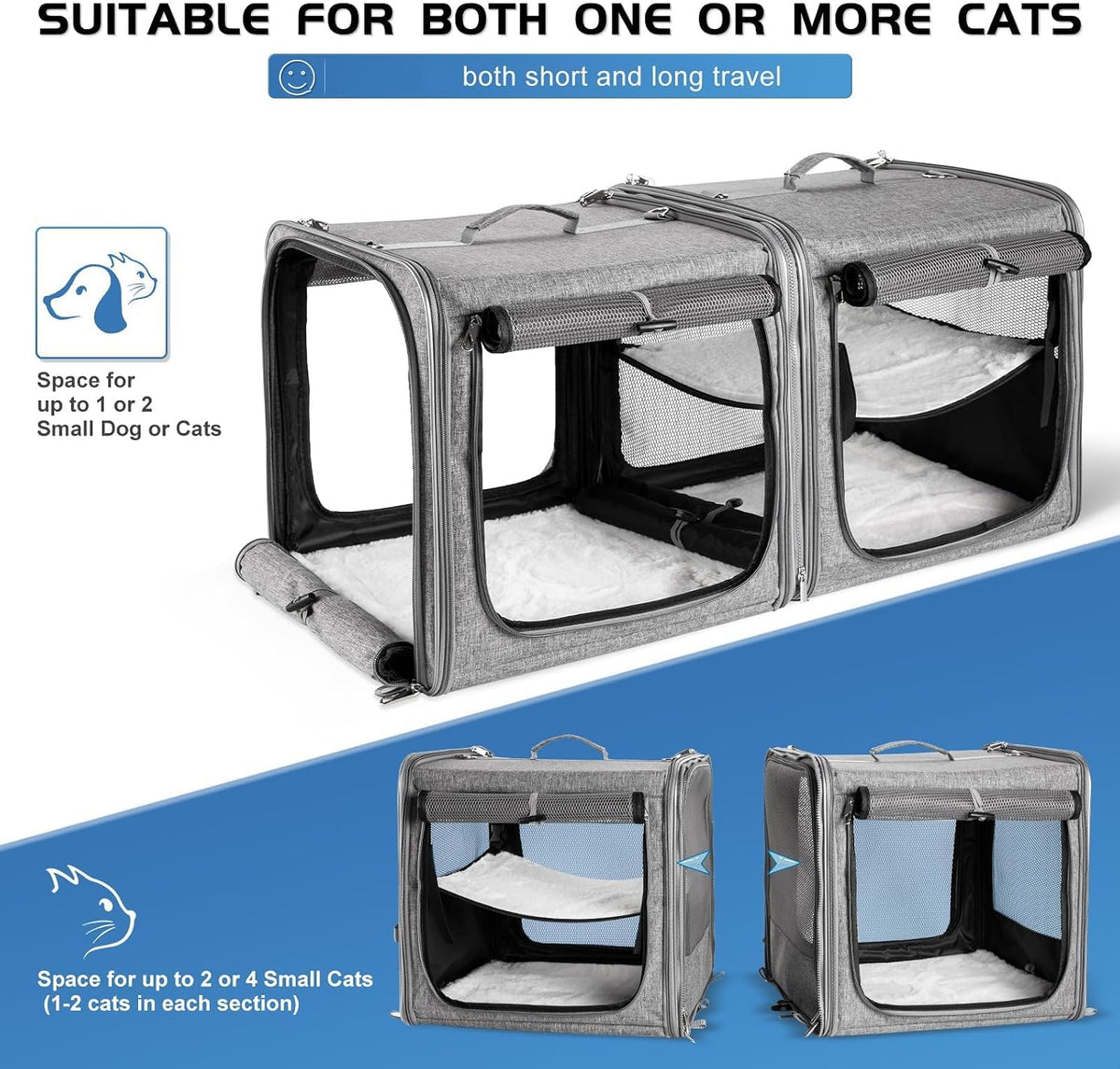 Extra Large Cat Carrier for 2 Cats with Travel Litter Box - Grey / Dual Carriers - image 2