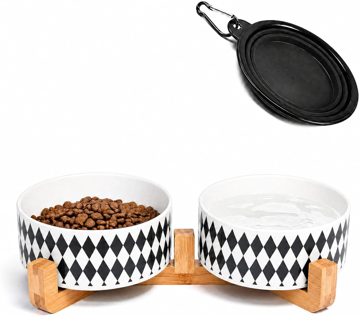 Ceramic Cat Dog Bowl Set with Stand - Black Rhombus / 400ML*2