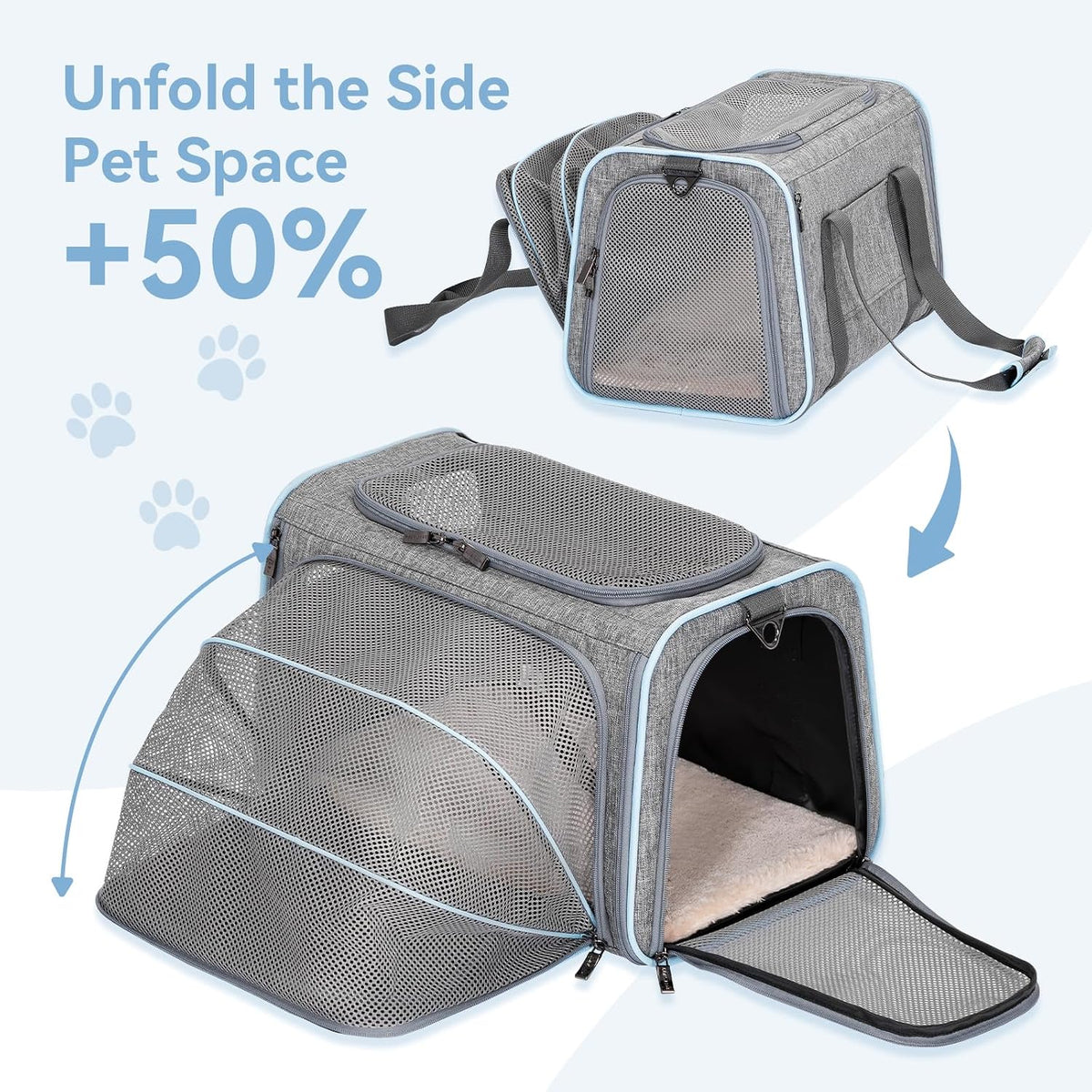 Petsfit Medium Expandable Cat Carrier for Air Travel - 16.0"L x 10.0"W x 9.0"H / Light Gray - image 3