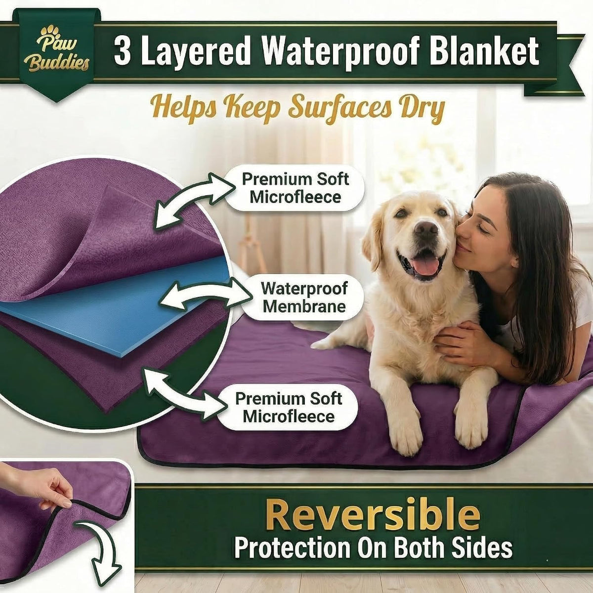 Paw Buddies Waterproof Blanket King Size 80"x90" for Dogs, Pets - Purple - image 3