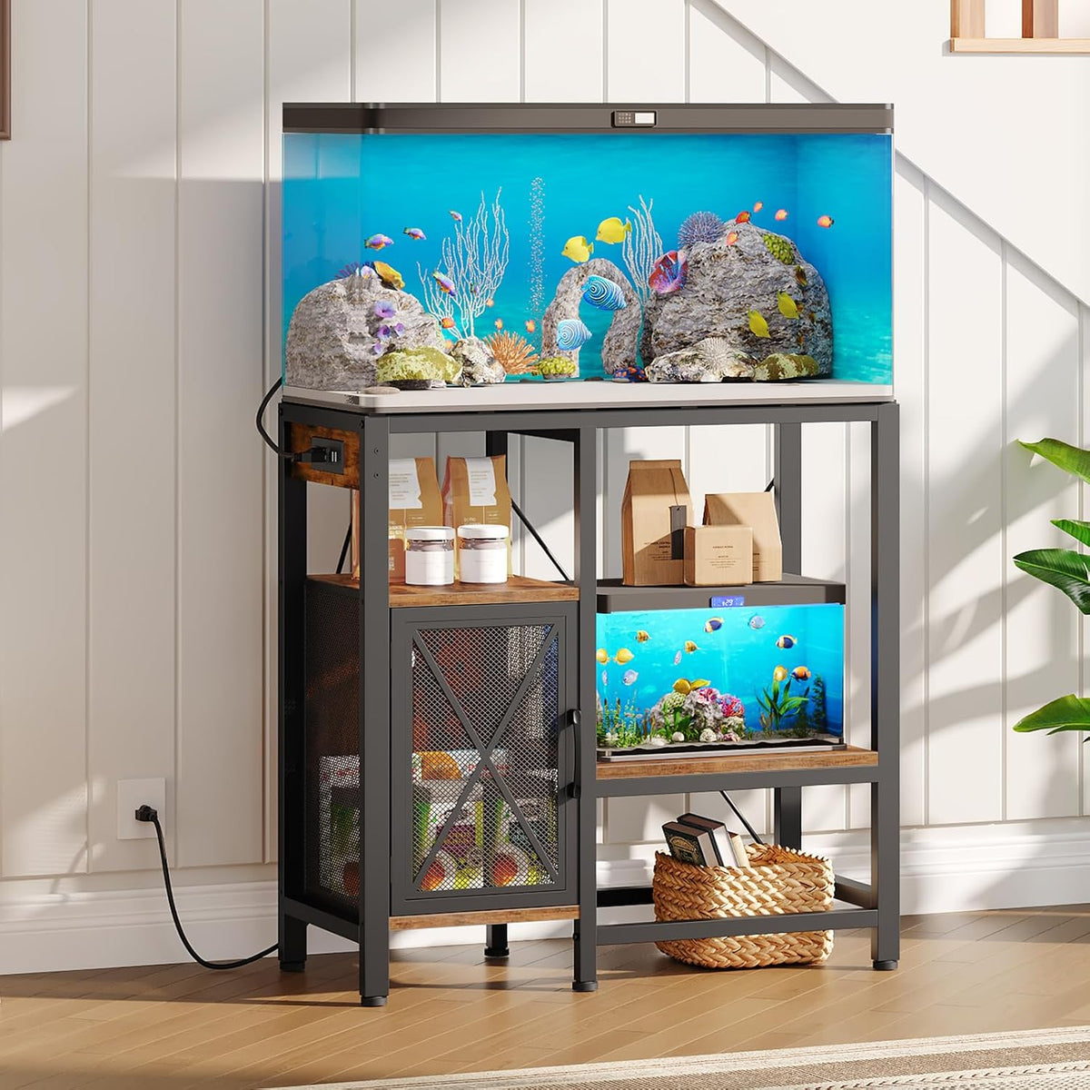 MAHANCRIS 40-50 Gallon Fish Tank Stand with Power Outlet and Storage – Essentials for Fish - Rustic Brown / 20-37 Gallon