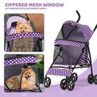 Magshion Compact Pet Stroller for Small-Medium Dogs/Cats up to 22lbs, 4-Wheel Lightweight Umbrella Shaped Portable Puppy Travel Jogger with Breathable Mesh & Rear Storage, Purple Polka Dots