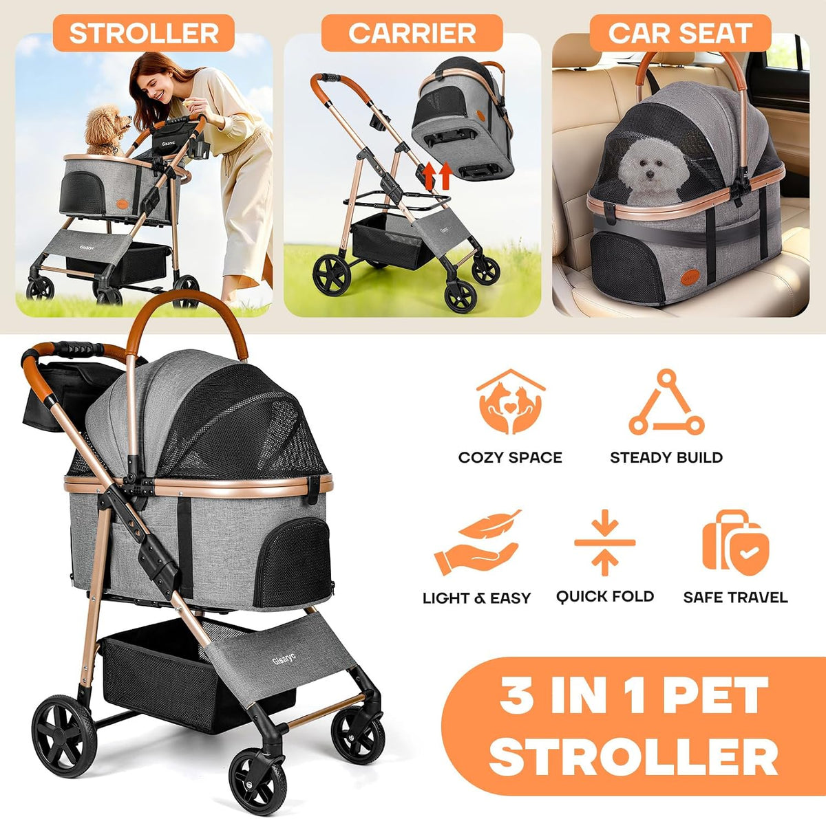 Dog Cat Stroller for Small/Medium Pets - Grey - image 3